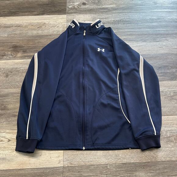 Under Armour‎ White & Blue Mens M Striped Mock Neck Spellout Logo Track Jacket - Picture 1 of 10